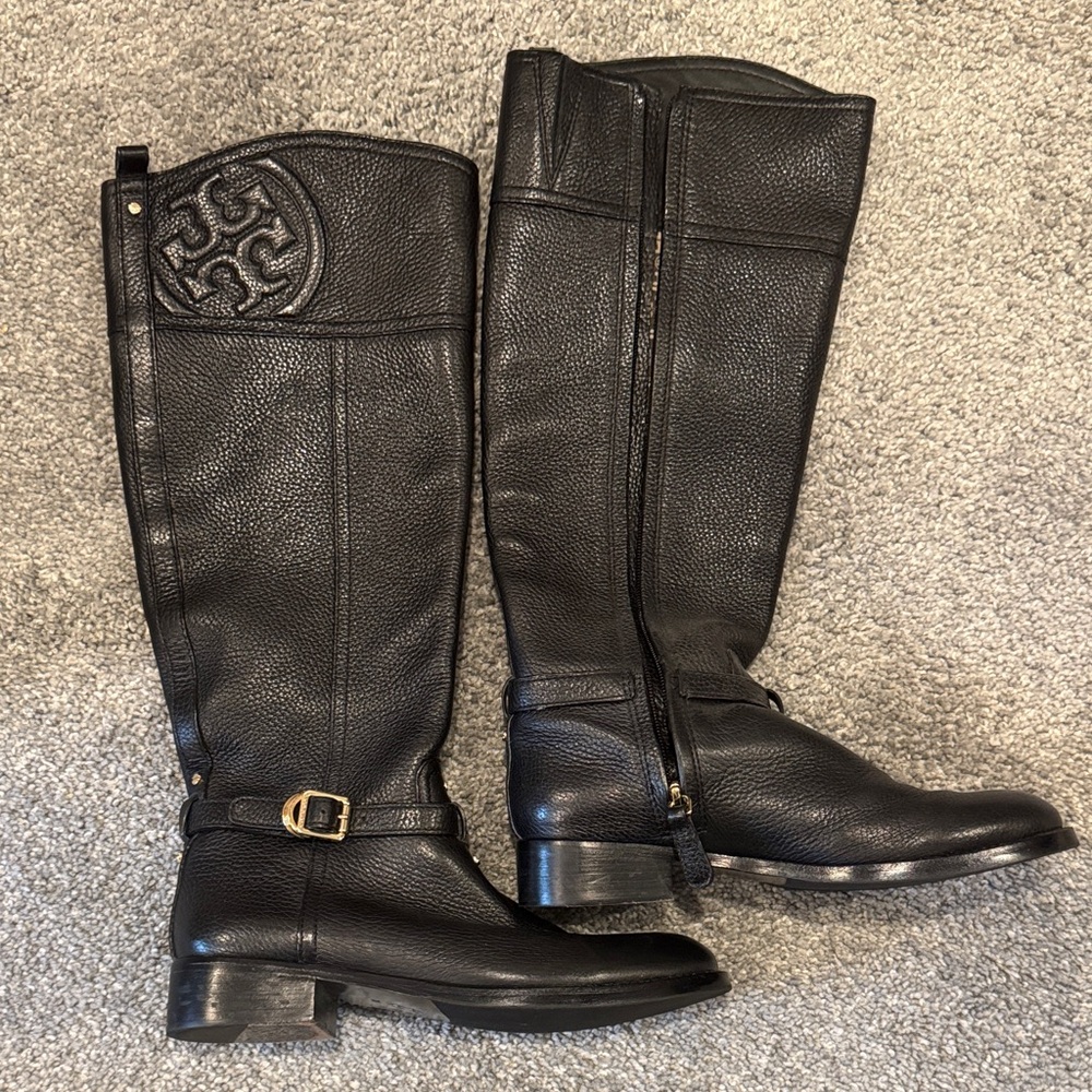 Tory Burch Black Leather Knee-High Riding Boots with Logo Medallion